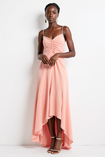 Pink Ruched A Line Spaghetti Straps High-Low Work Dress